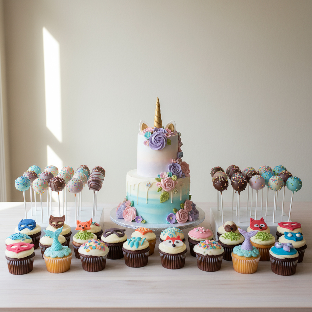 Auswahl an Geburtstagstorte, Cupcakes und Cake Pops